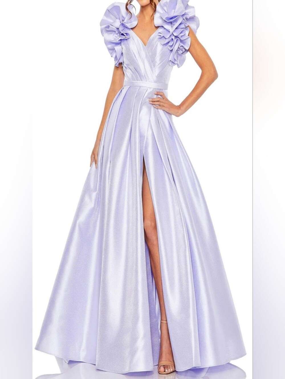 Mac Duggal 20522 Lavender Ruffle Sleeve Satin Evening Gown Size 6